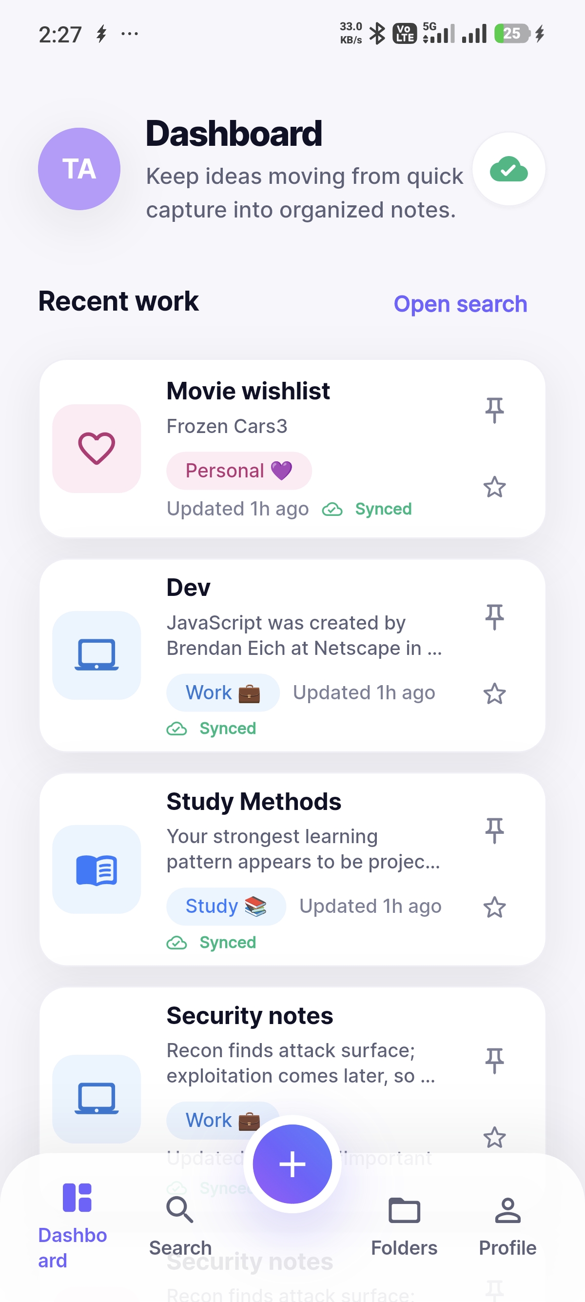 ThinkNote Notes List View